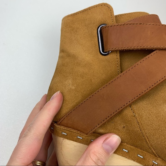 Free People Sz 40 (10) Bungalow Clog Ankle Boot Tan Suede Leather 70s Wood Heel - Picture 9 of 13